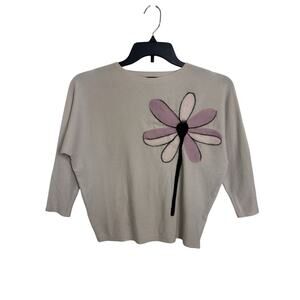 Aaeda Neutral Boxy Flower Pullover Medium Abstract Cozy Granola Textured Artsy